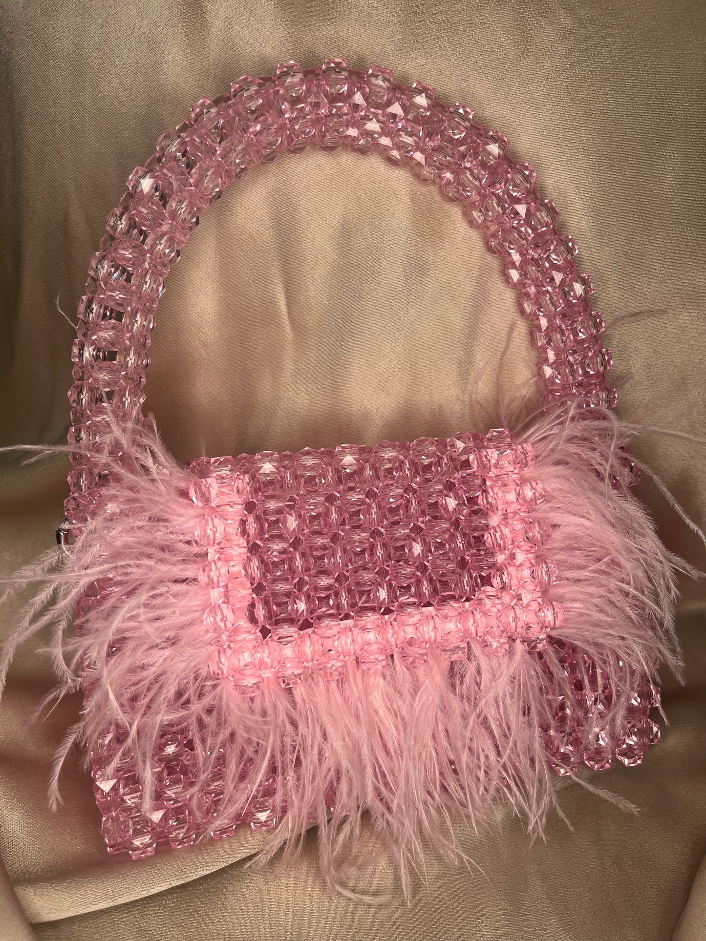 MODEL №15 pink handmade beaded handbag with feathers